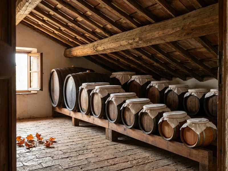 Rows of balsamic vinegar barrels from large to small in a beamed attic acetaia in Modena