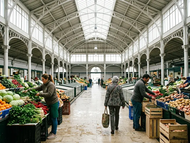 Fruit and vegetable stalls with wooden crates under the iron roof of a Lisbon market hall