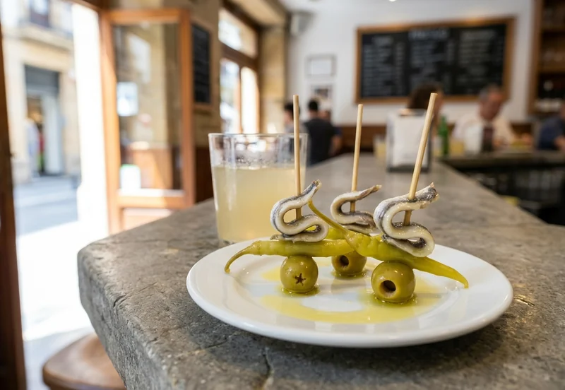 Three gilda skewers of olive, pepper and anchovy beside txakoli in San Sebastián