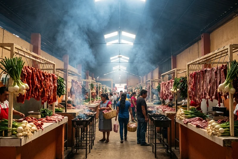 Beef hanging over charcoal grills in the smoky meat aisle of a market hall in Oaxaca