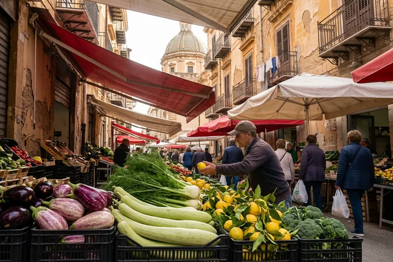 A vendor holding up a lemon above squash and eggplants at a Palermo street market